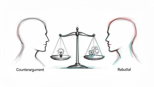 A balance scale weighs a lightbulb representing a counterargument against icons symbolizing a rebuttal.