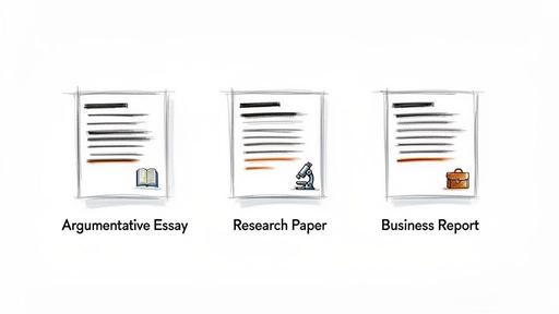 Three illustrated documents representing an argumentative essay with a book, research paper with a microscope, and business report with a briefcase.