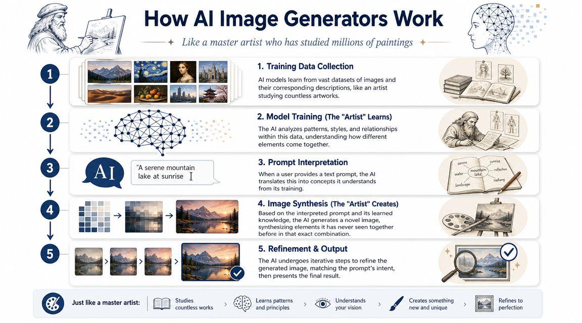 An infographic titled How AI Image Generators Work, illustrating the five-step process from training data to final output.