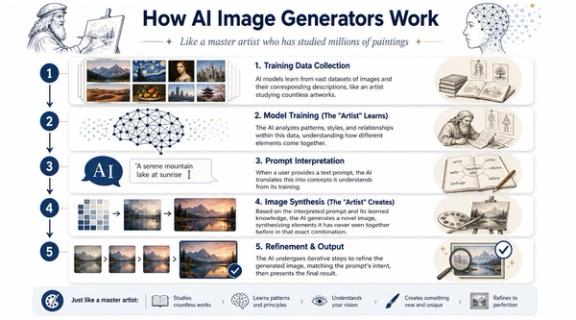 An infographic titled How AI Image Generators Work, illustrating the five-step process from training data to final output.
