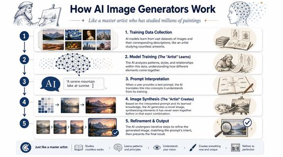 An infographic titled How AI Image Generators Work, illustrating the five-step process from training data to final output.