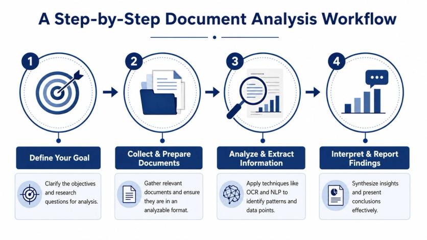 A flowchart showing a four-step document analysis process: define goals, collect documents, analyze information, and report findings.