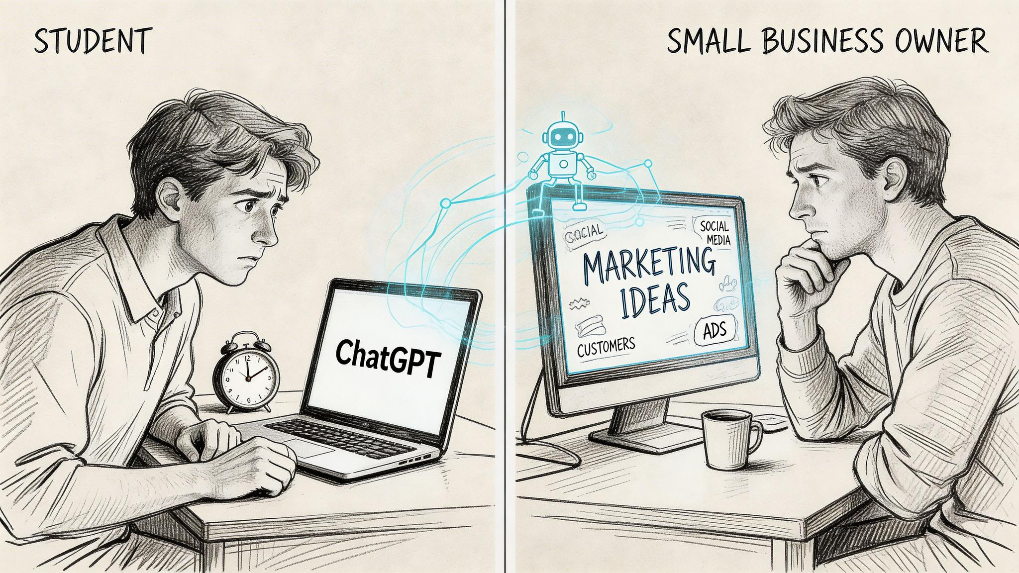 A split illustration showing a student using ChatGPT and a small business owner brainstorming marketing ideas.