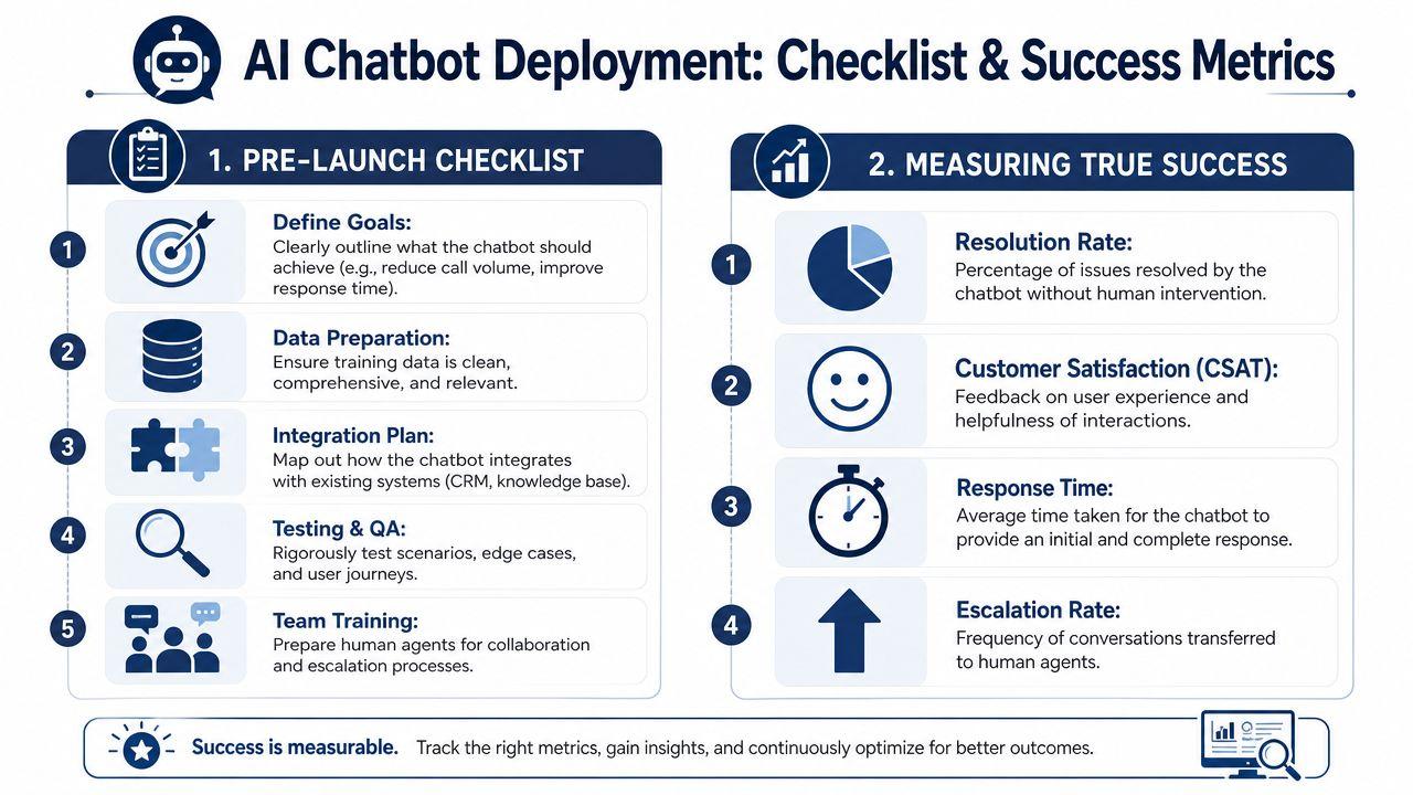 A comprehensive infographic illustrating a five-step AI chatbot deployment checklist and four key metrics for measuring success.