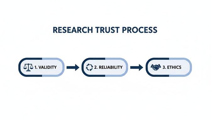 Flowchart illustrating the Research Trust Process with steps: Validity, Reliability, and Ethics.