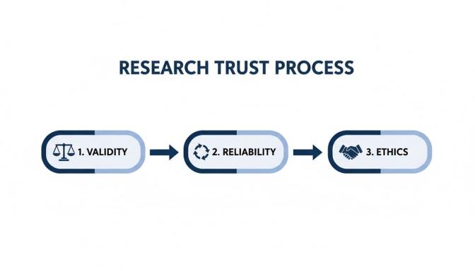 Flowchart illustrating the Research Trust Process with steps: Validity, Reliability, and Ethics.