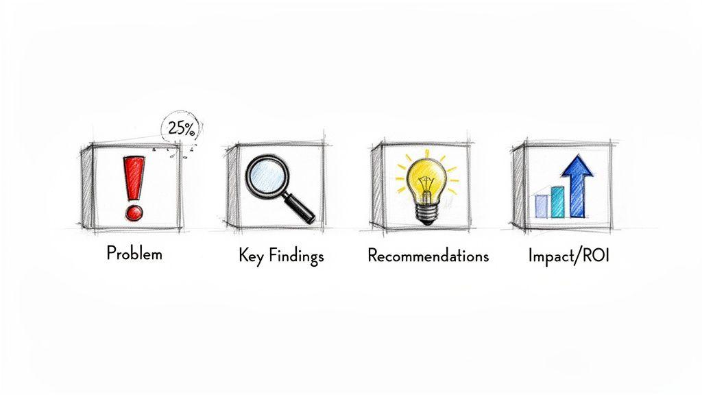 Hand-drawn icons illustrating problem, key findings, recommendations, and impact/ROI for executive summaries.