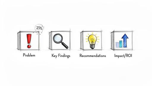 Hand-drawn icons illustrating problem, key findings, recommendations, and impact/ROI for executive summaries.