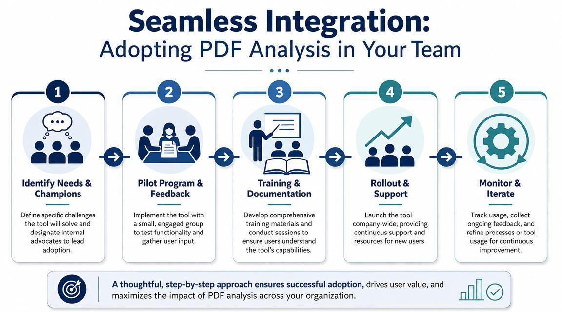 A five-step infographic showing the process for adopting a PDF analysis tool in a business team.
