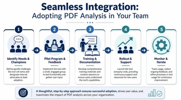 A five-step infographic showing the process for adopting a PDF analysis tool in a business team.