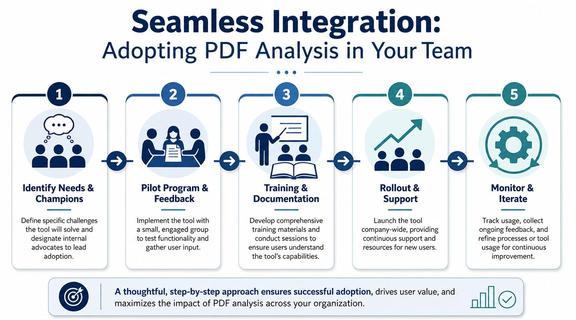 A five-step infographic showing the process for adopting a PDF analysis tool in a business team.