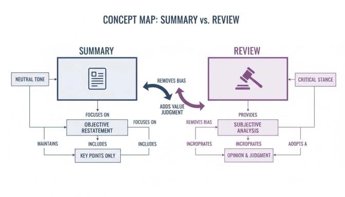 A concept map comparing summary and review, highlighting their distinct characteristics and relationships.