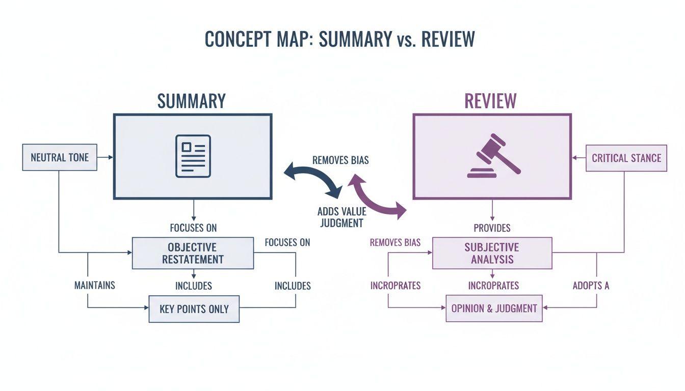 A concept map comparing summary and review, highlighting their distinct characteristics and relationships.