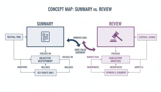 A concept map comparing summary and review, highlighting their distinct characteristics and relationships.