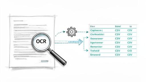 An illustration showing the OCR process converting a document into a structured table with CSV data.