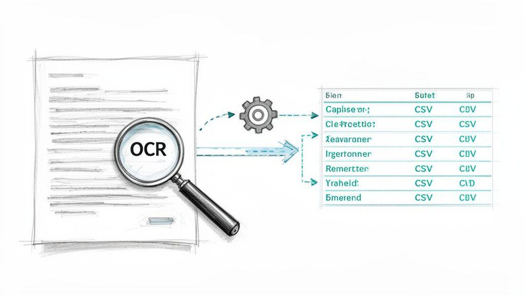 An illustration showing the OCR process converting a document into a structured table with CSV data.
