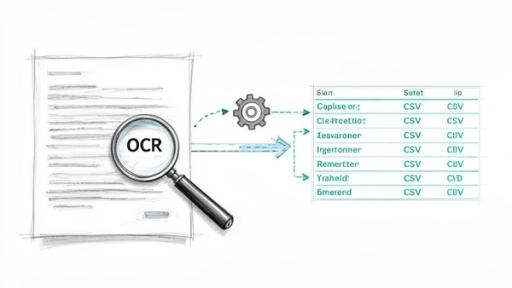 An illustration showing the OCR process converting a document into a structured table with CSV data.