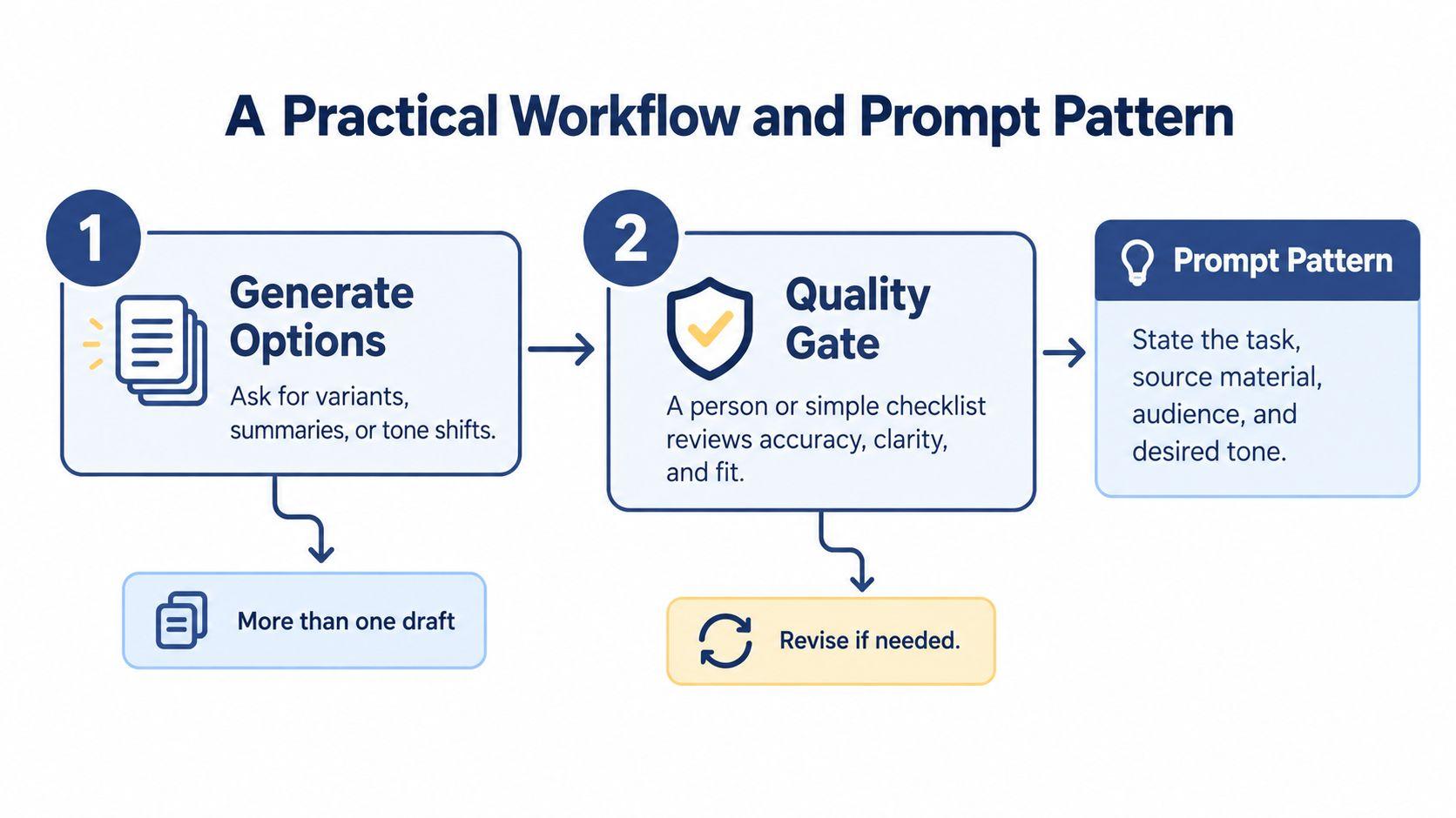 A diagram illustrating a two-step AI copywriting workflow involving generating options followed by a quality gate process.