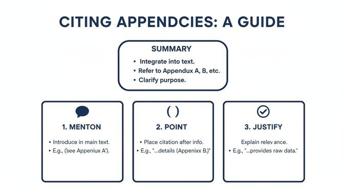 A guide titled 'Citing Appendices' outlines how to integrate, refer, and justify appendix citations.