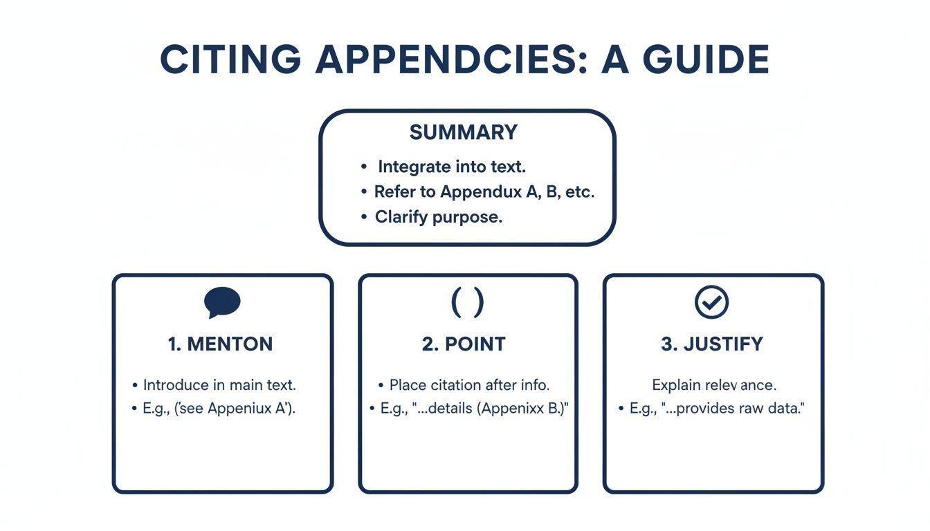 A guide titled 'Citing Appendices' outlines how to integrate, refer, and justify appendix citations.