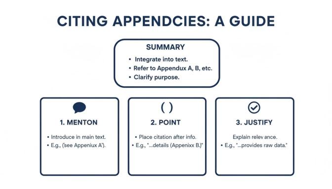 A guide titled 'Citing Appendices' outlines how to integrate, refer, and justify appendix citations.