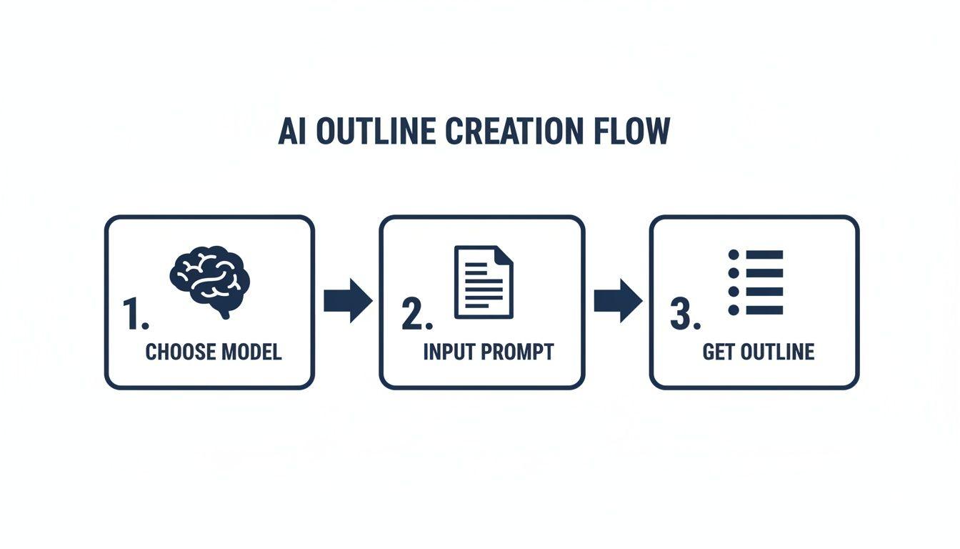 A flow chart illustrating the three steps of AI outline creation: choose model, input prompt, get outline.