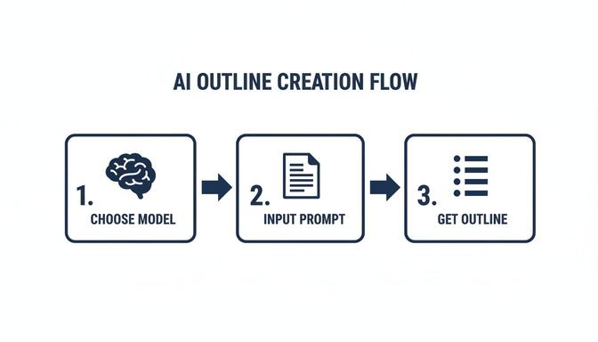 A flow chart illustrating the three steps of AI outline creation: choose model, input prompt, get outline.