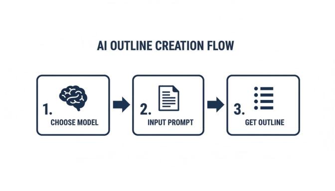 A flow chart illustrating the three steps of AI outline creation: choose model, input prompt, get outline.
