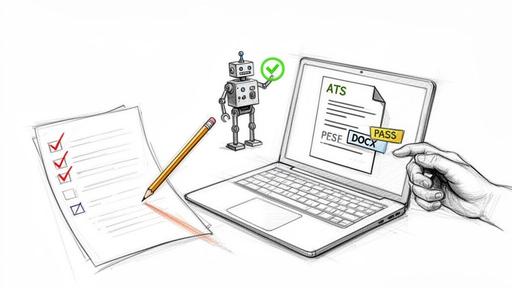A robot and laptop screen showing a resume document passing ATS, next to a checklist and pencil.