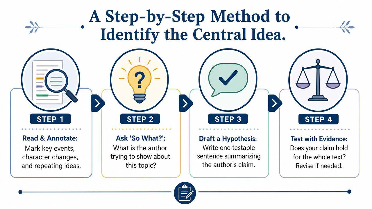 A four-step infographic illustrating a simple method for identifying the central idea in a literary text.