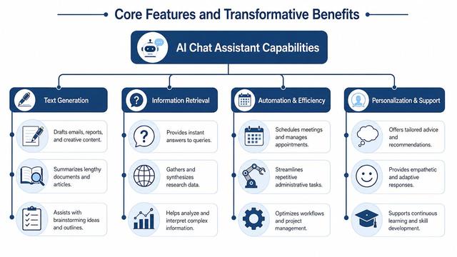 A diagram illustrating the core features and benefits of an AI chat assistant, including text generation and automation.