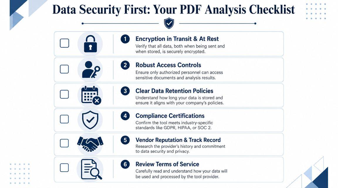 A checklist infographic titled Data Security First outlining six essential security considerations for using PDF analysis tools.