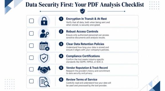 A checklist infographic titled Data Security First outlining six essential security considerations for using PDF analysis tools.