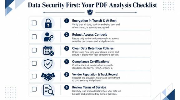 A checklist infographic titled Data Security First outlining six essential security considerations for using PDF analysis tools.
