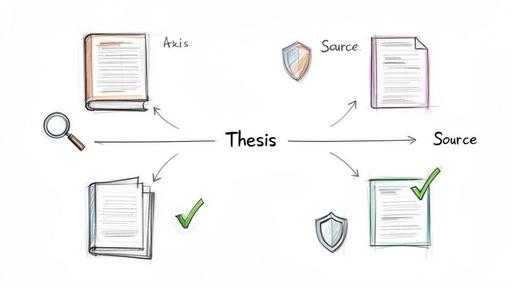 A diagram illustrating the process of developing a thesis with research, sources, and validation.