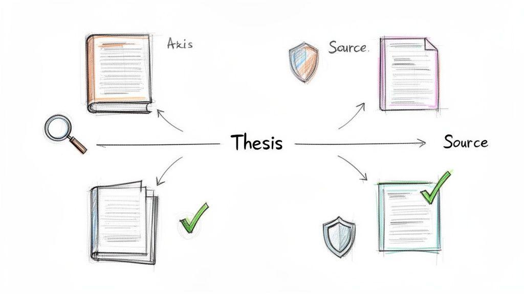 A diagram illustrating the process of developing a thesis with research, sources, and validation.