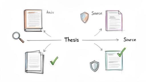 A diagram illustrating the process of developing a thesis with research, sources, and validation.