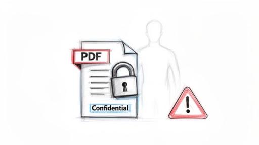 A sketch showing a locked confidential PDF document, a silhouette of a person, and a warning sign.