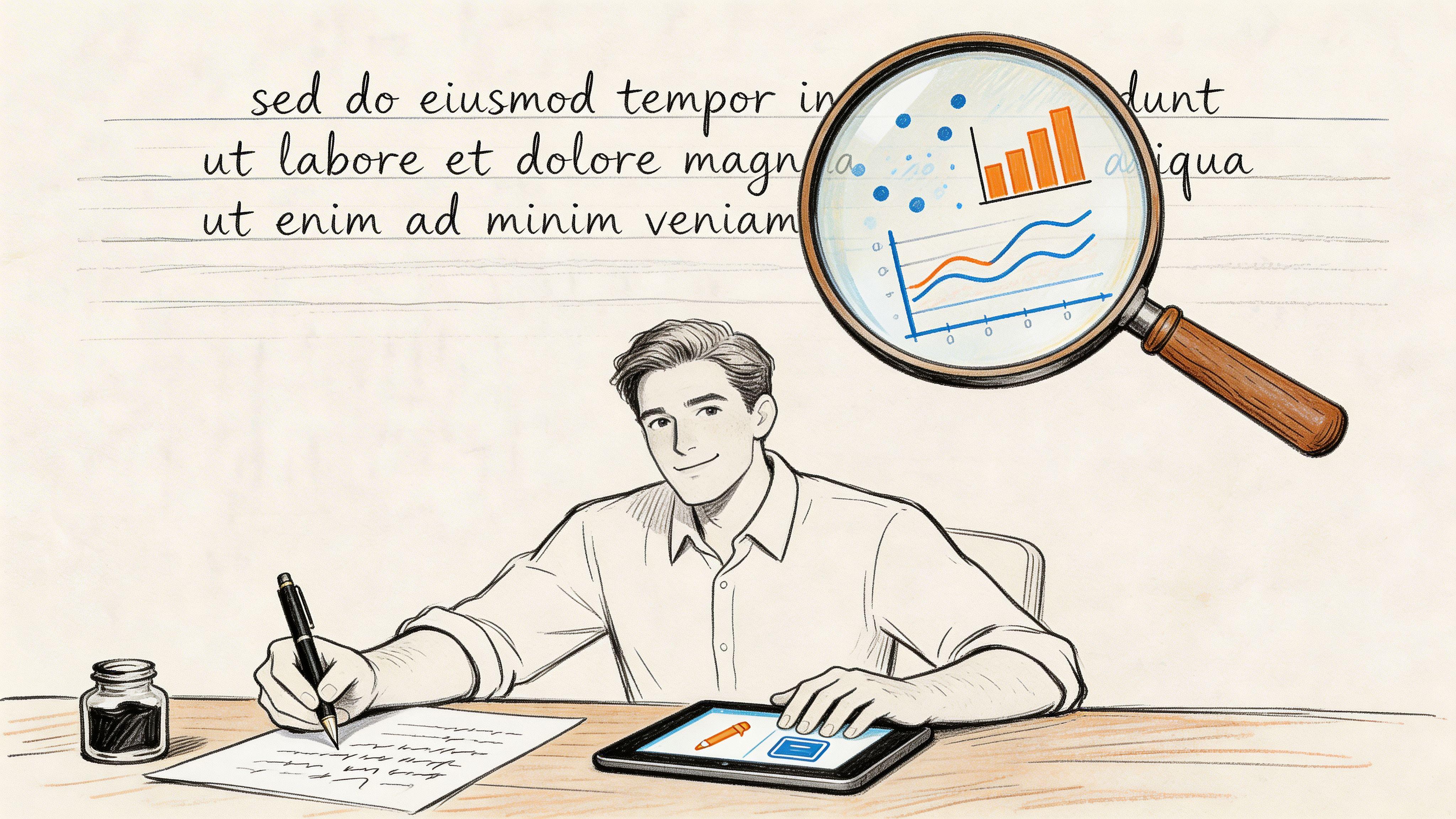 A man writing on paper and using a tablet with data visualization visible through a magnifying glass.