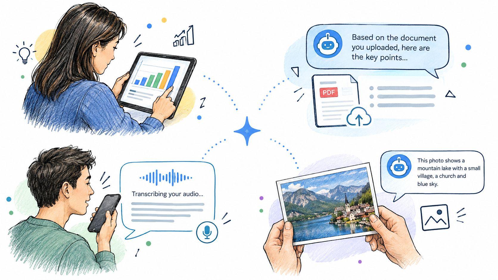 A hand-drawn illustration showing people using AI tools for document analysis, voice transcription, and image recognition tasks.