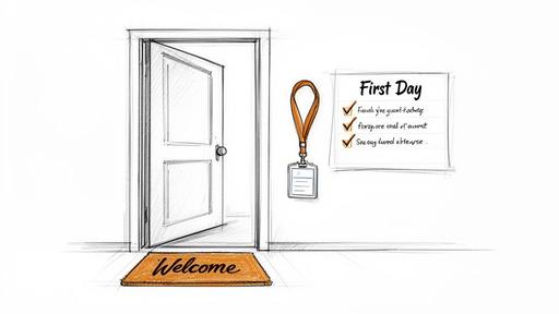 A sketch drawing of an open door with a welcome mat, a lanyard, and a First Day checklist.
