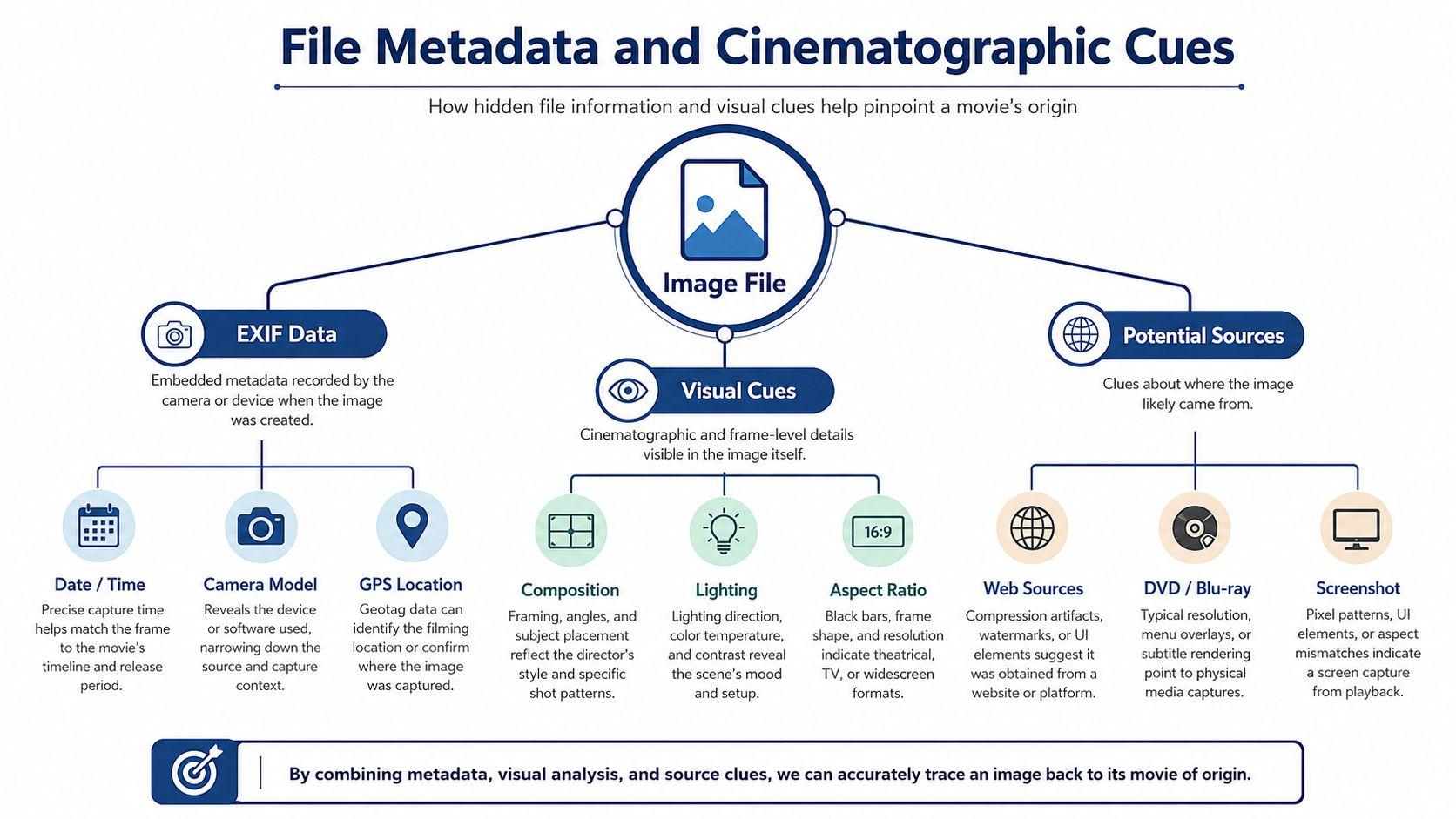 An infographic diagram explaining how to trace a movie's origin using file metadata and visual cues.
