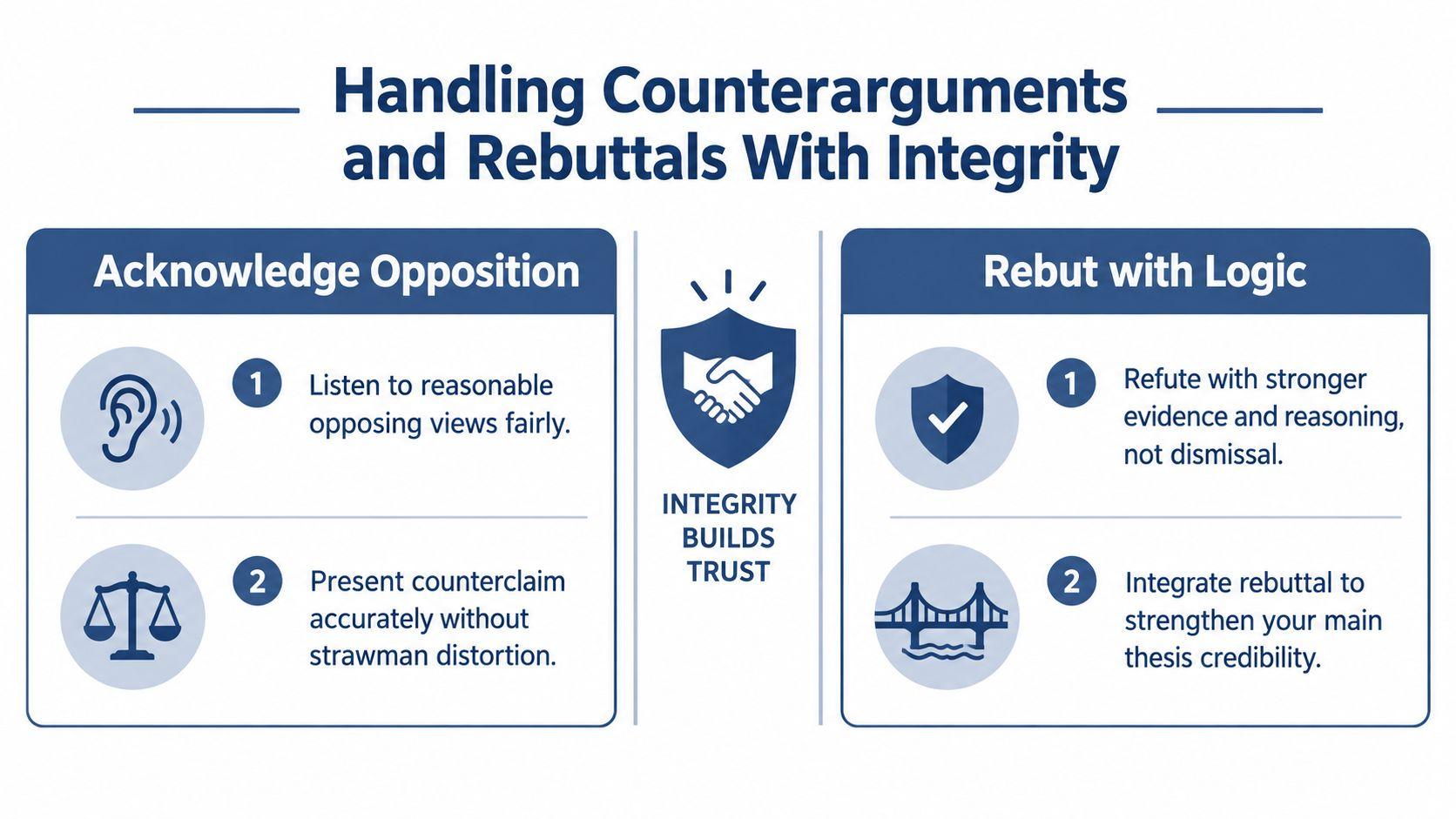 A diagram outlining steps to handle counterarguments and rebuttals with integrity, including acknowledgement and logical refutation.