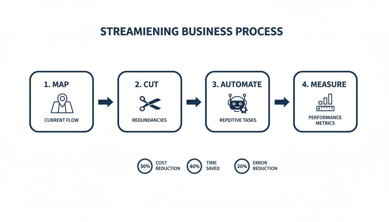 A four-step diagram illustrating how to streamline business processes: map, cut, automate, and measure, highlighting cost, time, and error reduction.