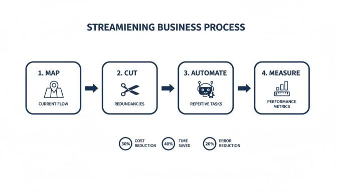 A four-step diagram illustrating how to streamline business processes: map, cut, automate, and measure, highlighting cost, time, and error reduction.