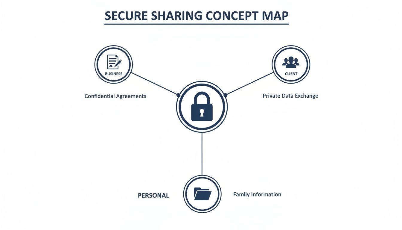 Concept map illustrating secure sharing of confidential business agreements, client private data, and personal family information.