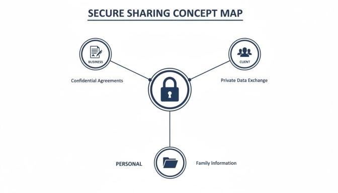Concept map illustrating secure sharing of confidential business agreements, client private data, and personal family information.