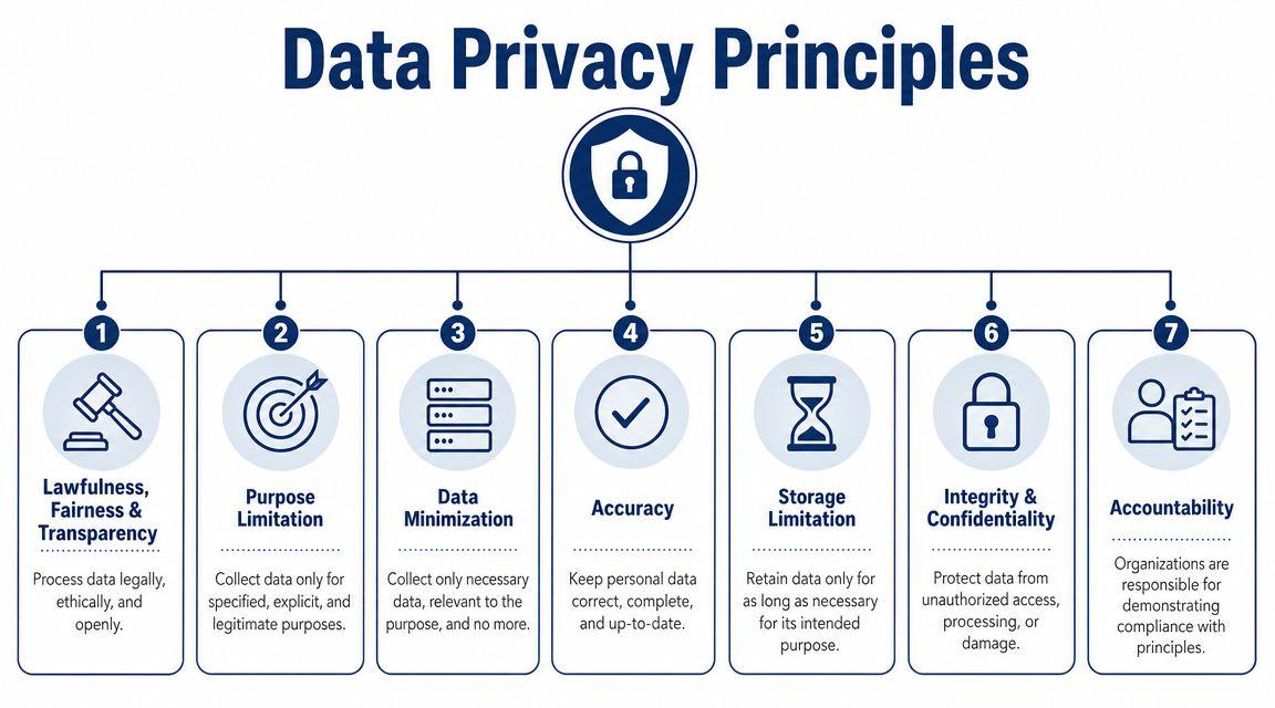 A diagram outlining the seven key data privacy principles for responsible information handling and organizational compliance.