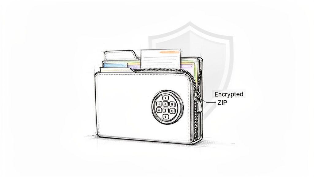 An illustration of a secure, encrypted ZIP file folder with a combination lock and documents inside.