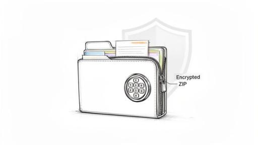 An illustration of a secure, encrypted ZIP file folder with a combination lock and documents inside.